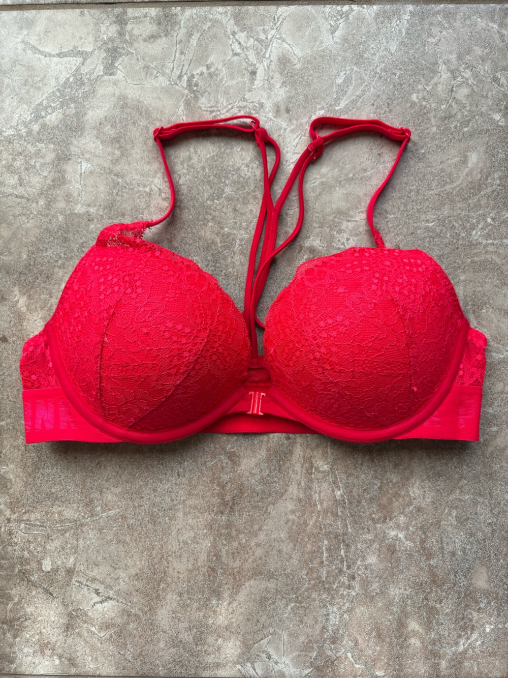 Pink Victoria’s Secret Hot pink lace front closure bra 34C